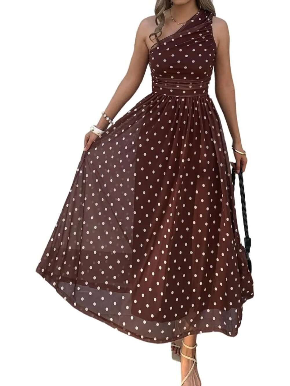 Women's Brown Summer Boho Beach One Shoulder Floral Wedding Guest Maxi Dresses